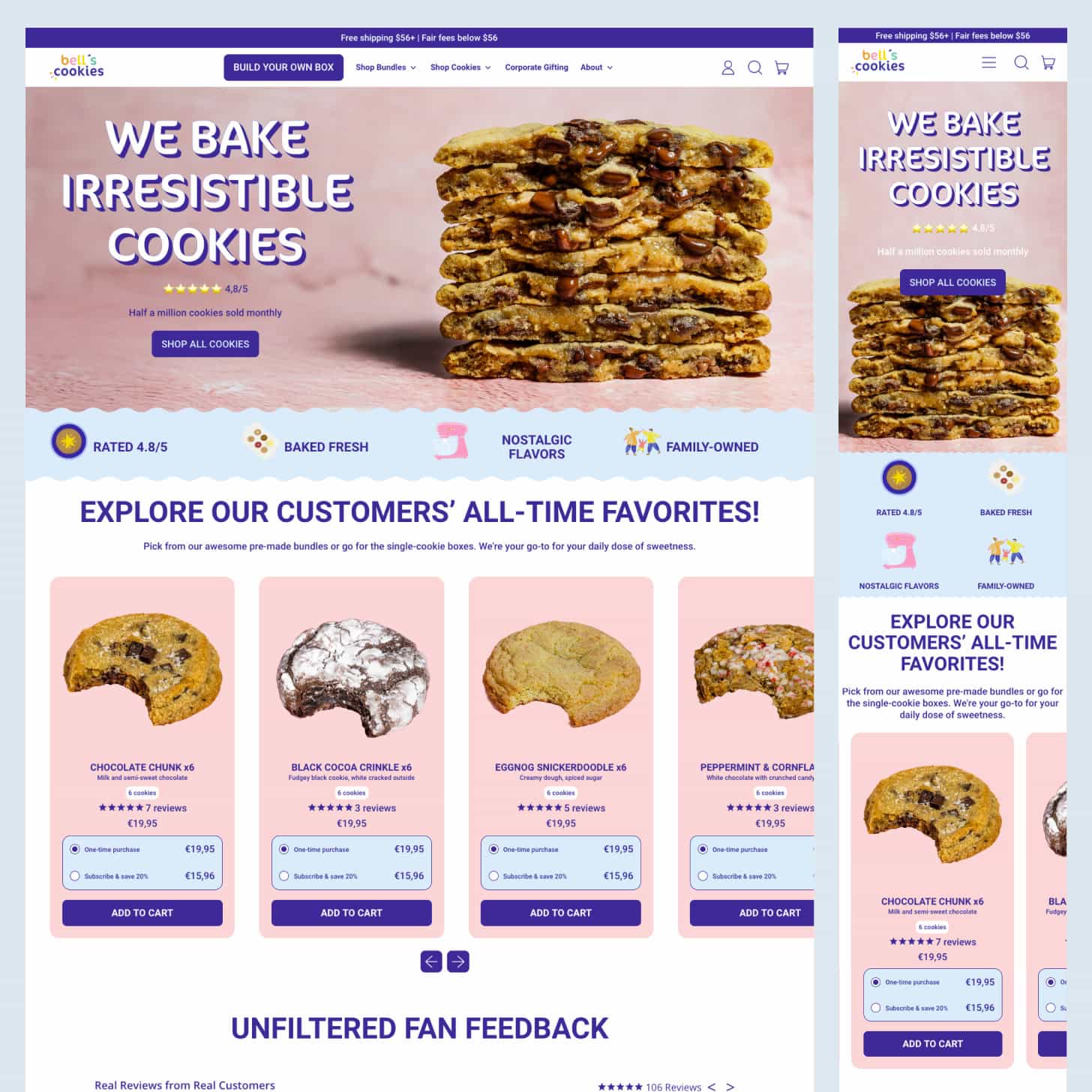 Site Shopify de Bell's Cookies : page d'accueil sur desktop et mobile de la boutique en ligne