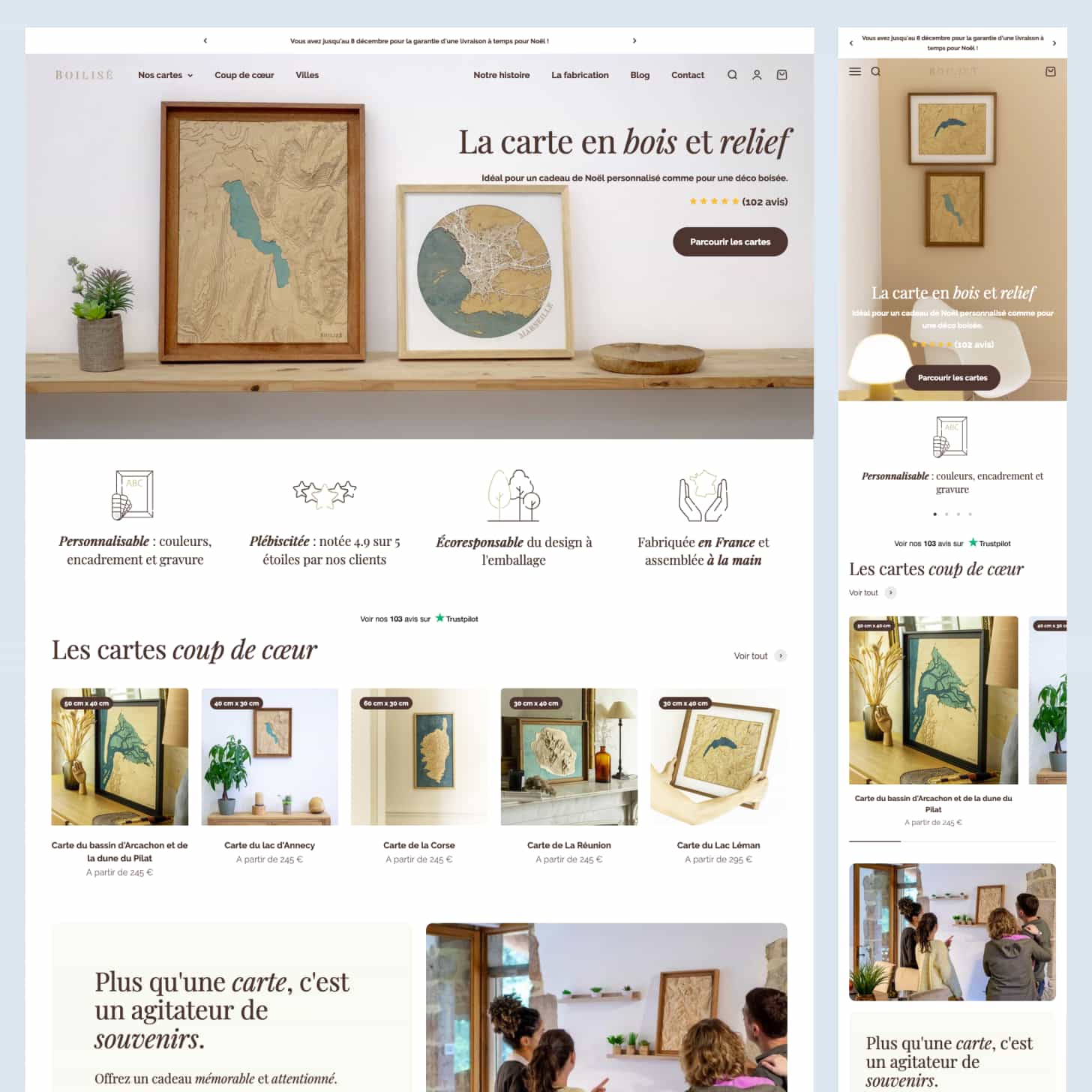 Site Shopify de Boilisé : page d'accueil sur desktop et mobile de la boutique en ligne