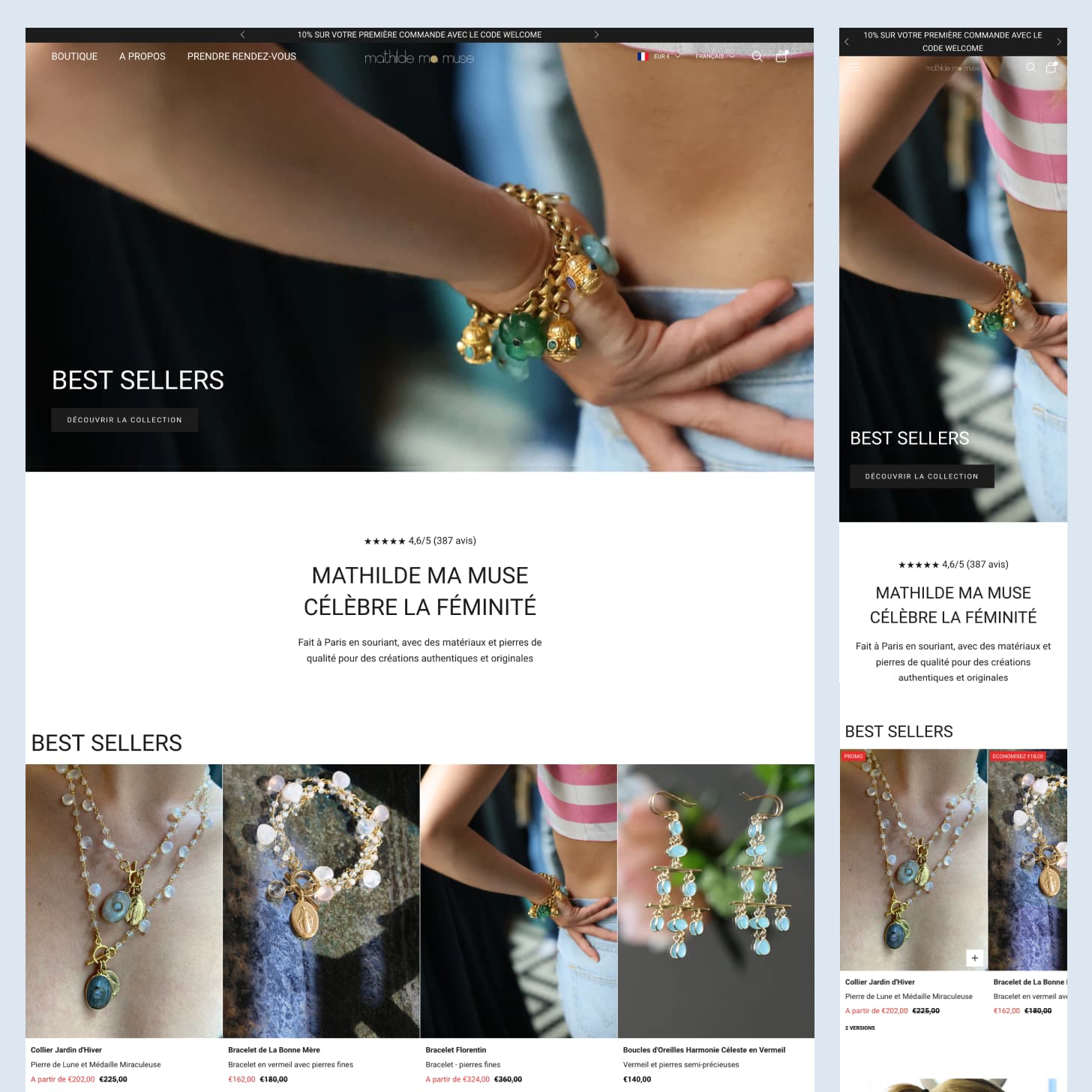 Page d'accueil desktop et mobile de la nouvelle boutique Shopify Mathilde Ma Muse