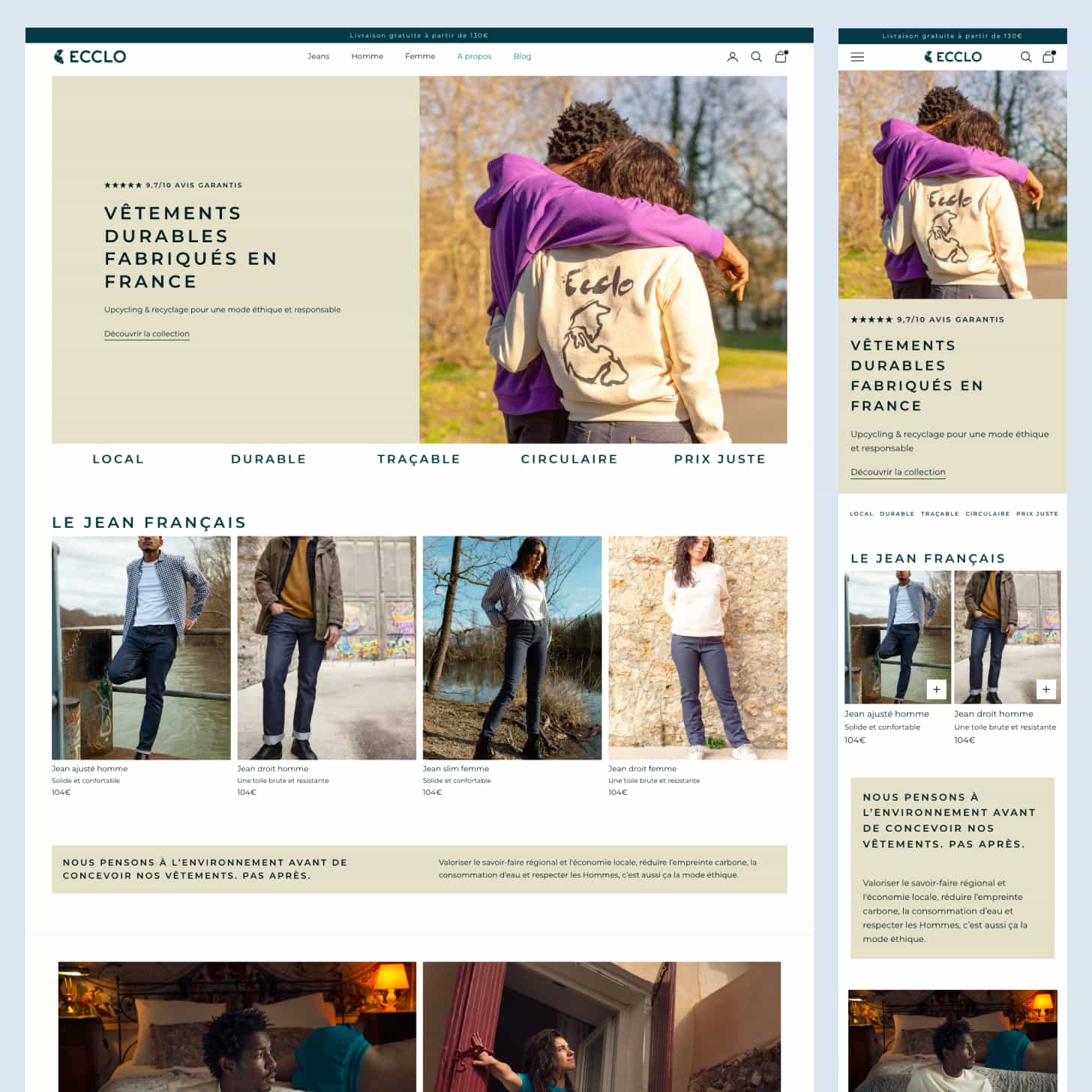 Page d'accueil desktop et mobile de la boutique Shopify ECCLO