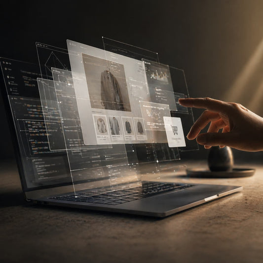Une main utilise une interface virtuelle de création de boutique en ligne en France