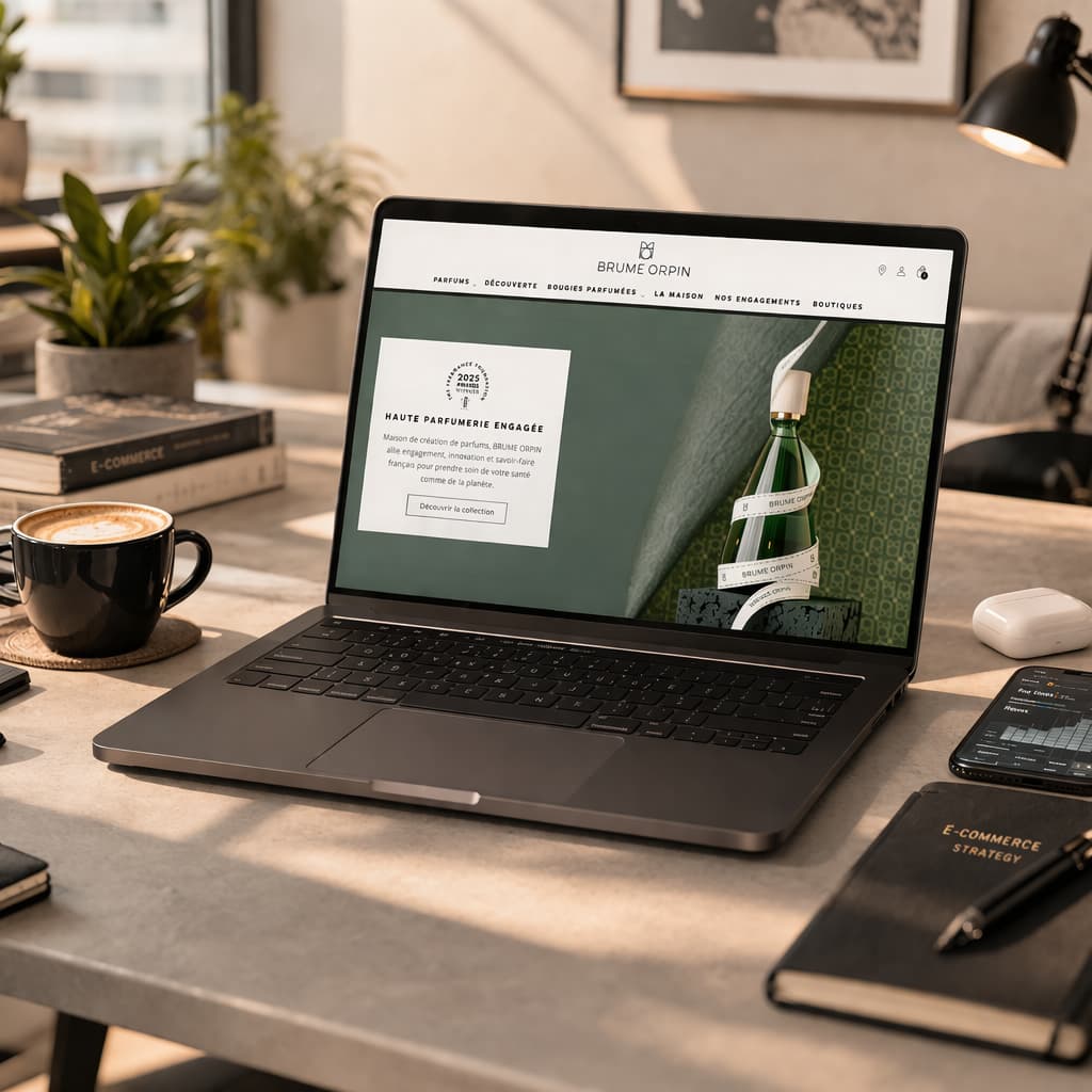 Un ordinateur portable sur un bureau d'un freelance travaillant dans le e-commerce du luxe
