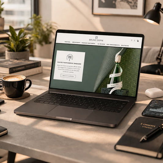 Un ordinateur portable sur un bureau d'un freelance travaillant dans le e-commerce du luxe