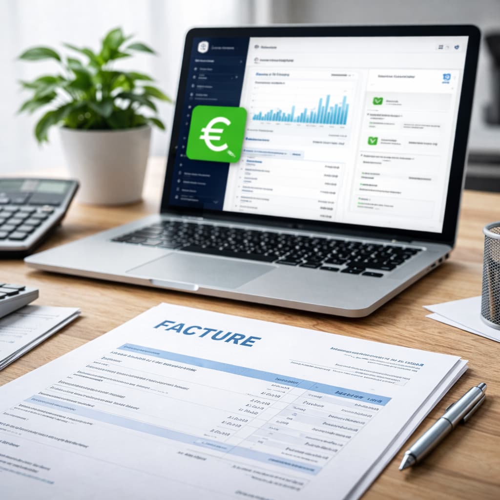 Des factures papier à côté d'un ordinateur portable montrant l'interface de facturation dans Shopify