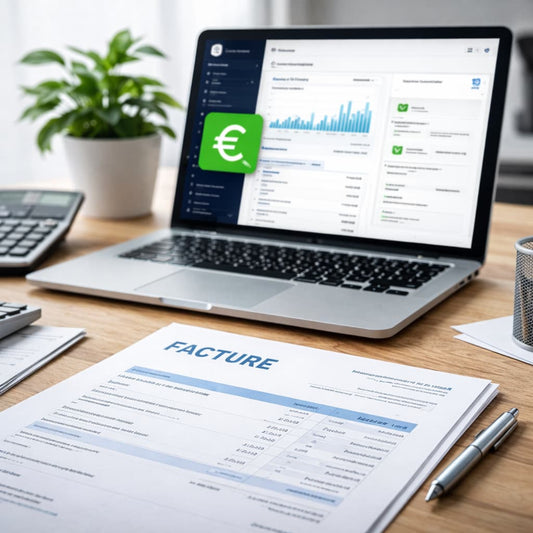 Des factures papier à côté d'un ordinateur portable montrant l'interface de facturation dans Shopify