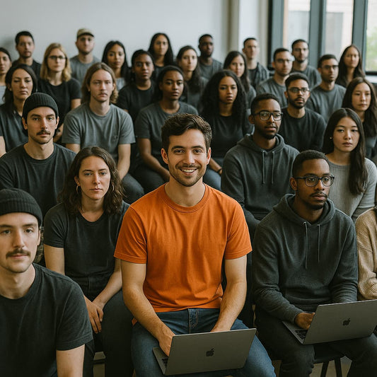 Une salle pleine de freelances avec l'un d'eux qui sort du lot