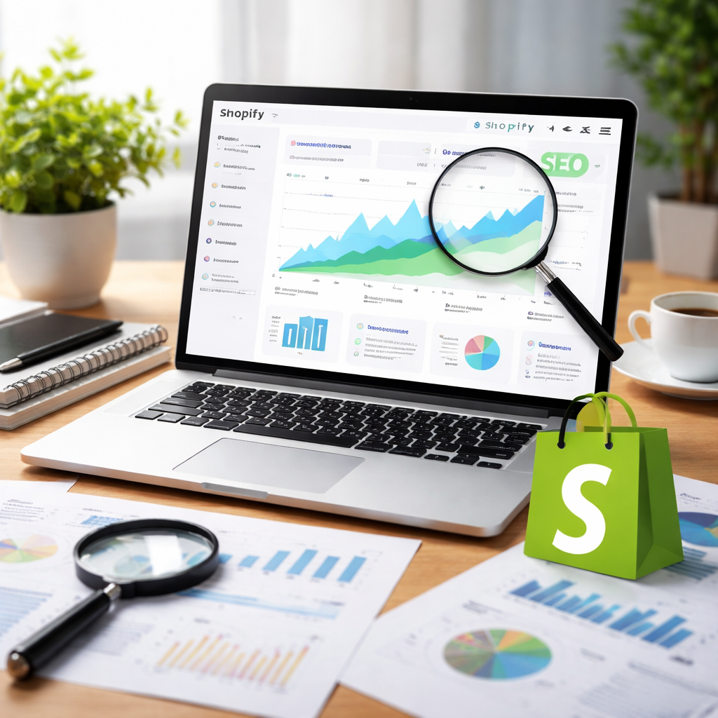 Un ordinateur avec le dashboard de Shopify pour le SEO, posé sur un bureau