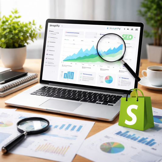 Un ordinateur avec le dashboard de Shopify pour le SEO, posé sur un bureau