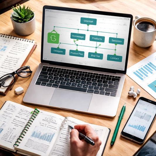 Un ordinateur portable montrant la structure d'un sitemap d'une boutique Shopify