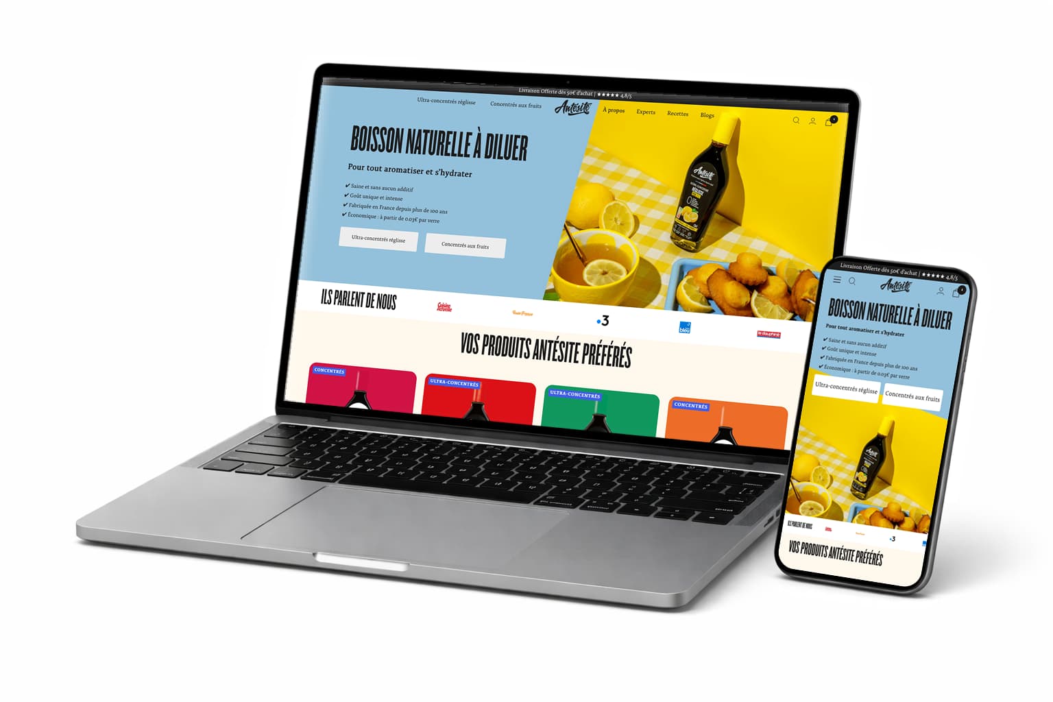 Un ordinateur et un portable avec la page d'accueil de la boutique en ligne Shopify Antésite