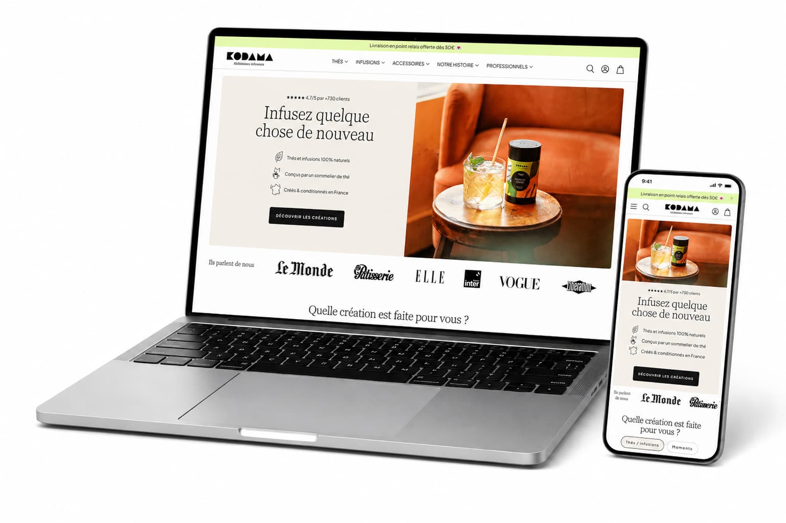 La page d'accueil du site Kodama sur desktop et mobile