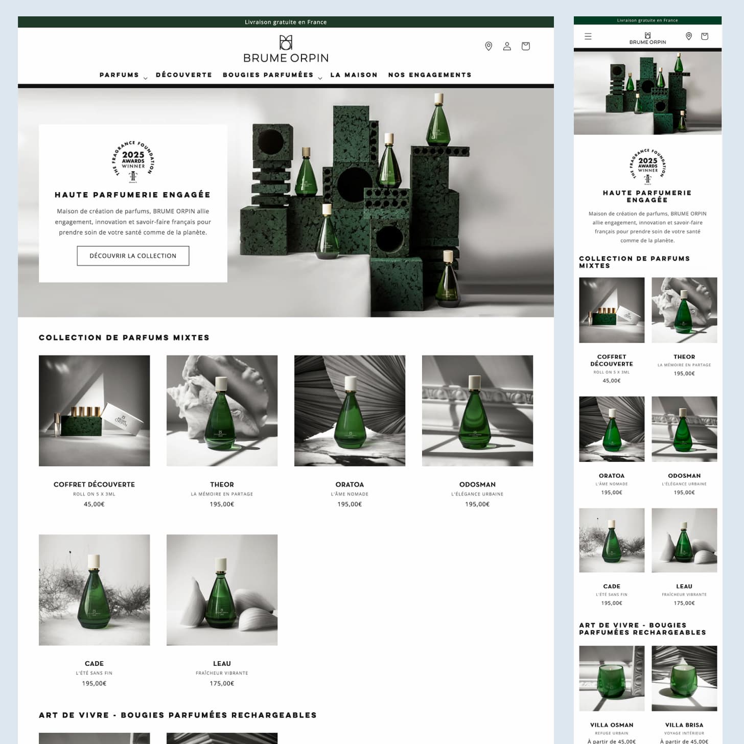 Brume Orpin : page d'accueil desktop et mobile