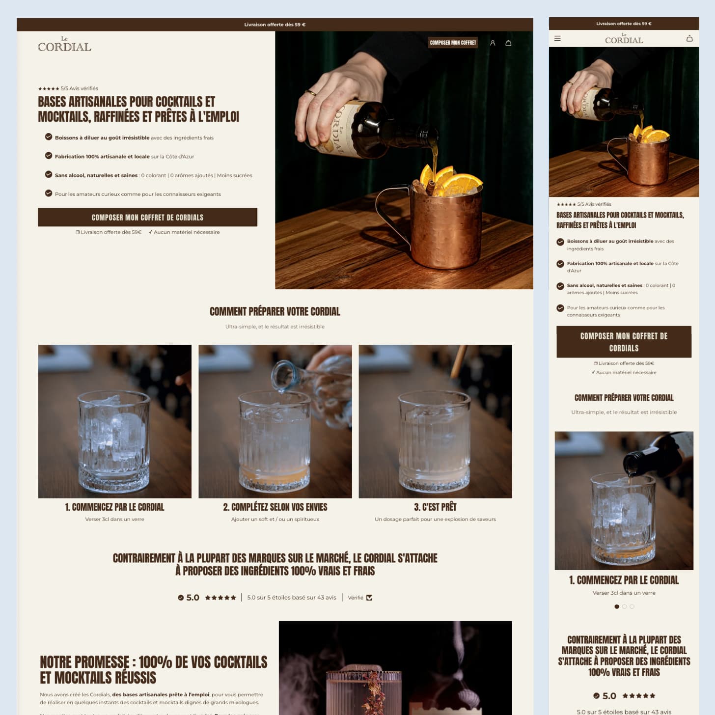 La page d'accueil de la boutique Shopify Le Cordial sur mobile et desktop