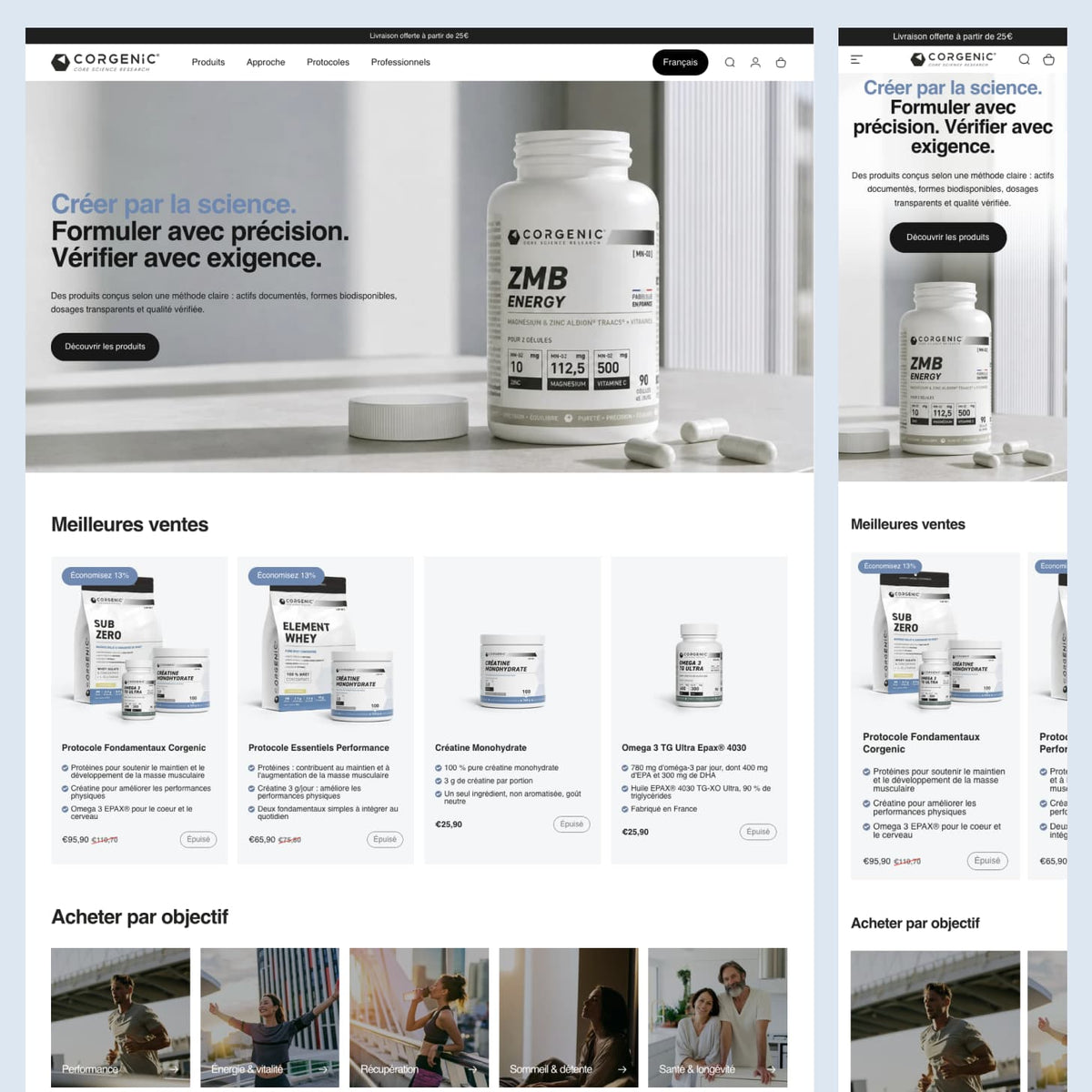 Page d'accueil desktop et mobile de la boutique Shopify Corgenic