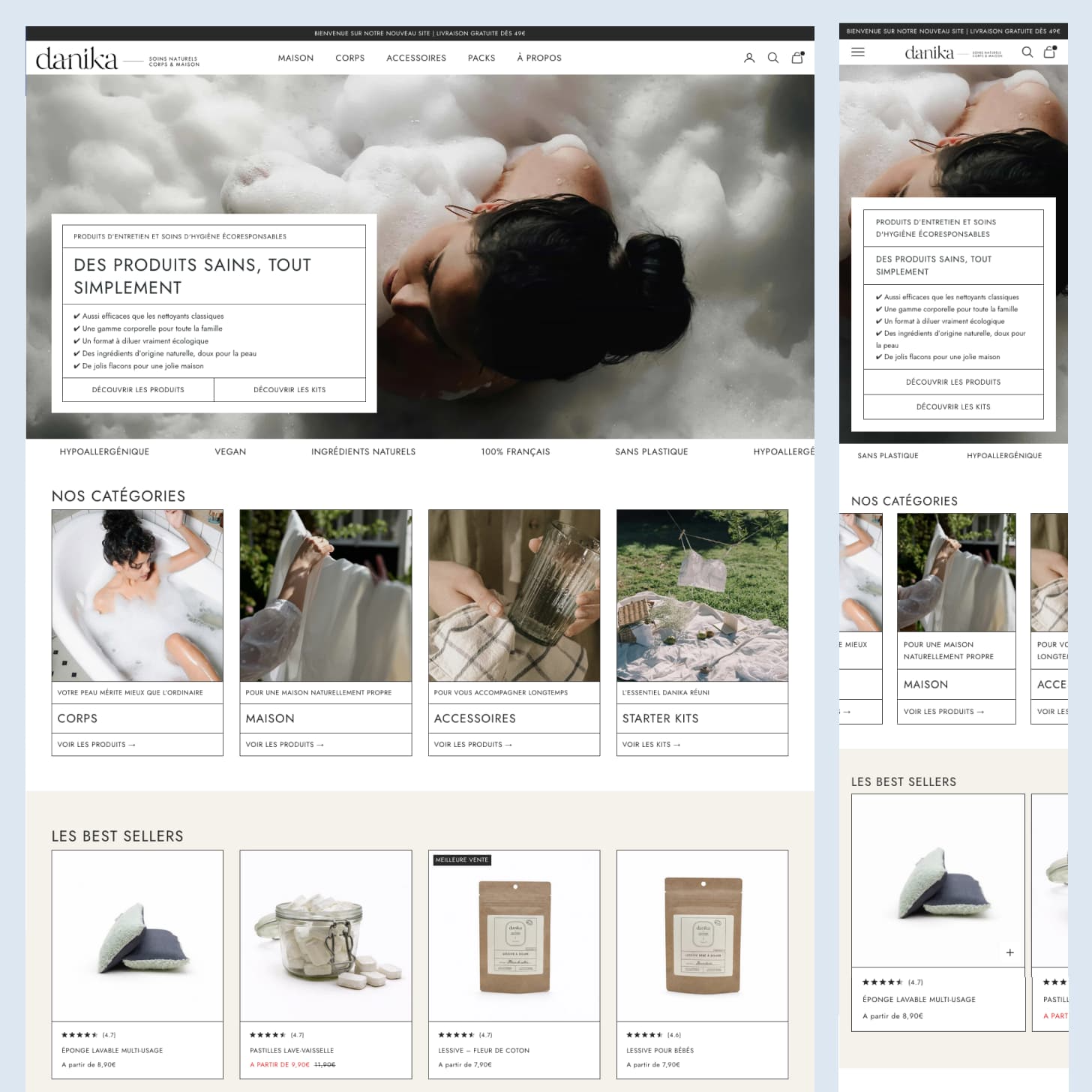 Page d'accueil desktop et mobile de la boutique Shopify Danika