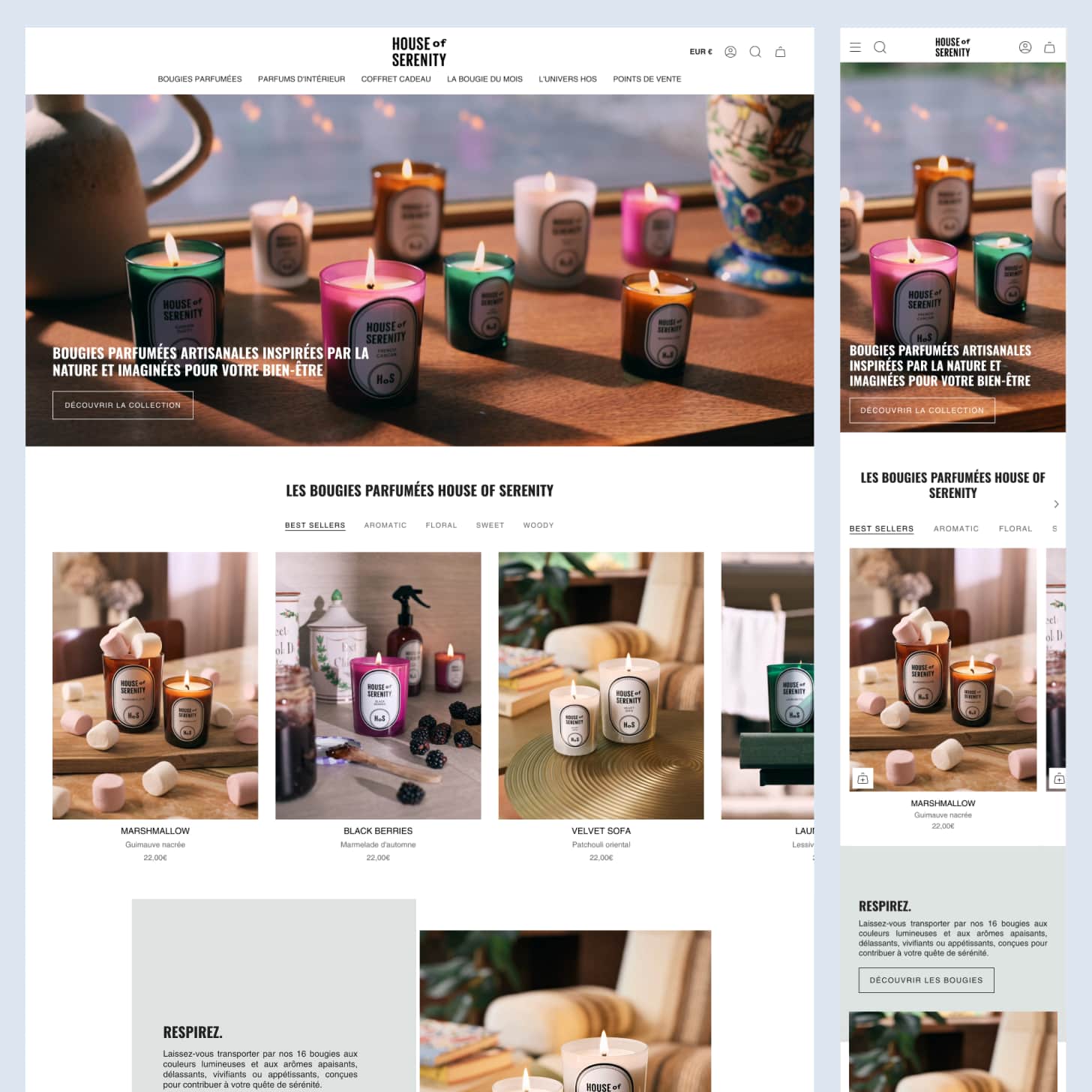 Page d'accueil desktop et mobile de la nouvelle boutique Shopify House of Serenity