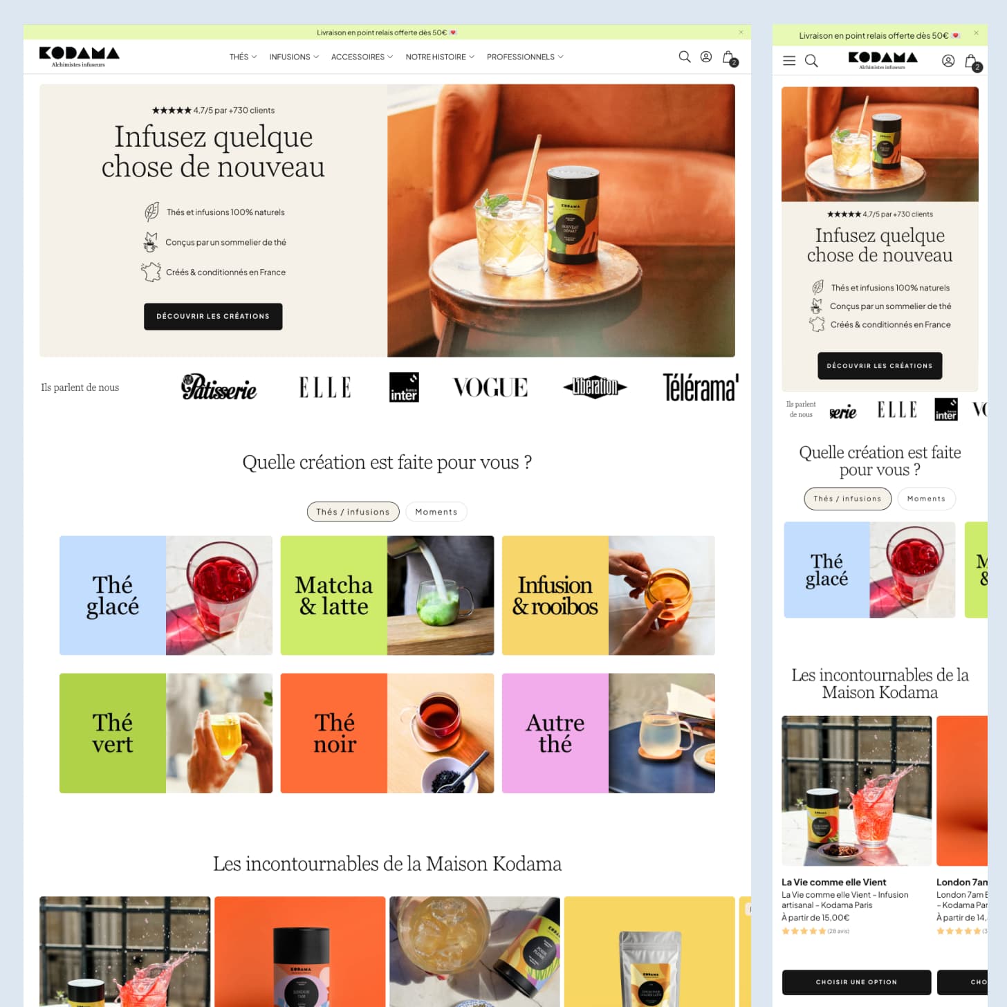 Page d'accueil de la boutique Shopify Kodama Paris sur desktop et mobile