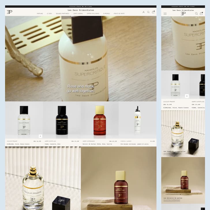 Maquettes mobile et desktop de la boutique Shopify Les Eaux Primordiales