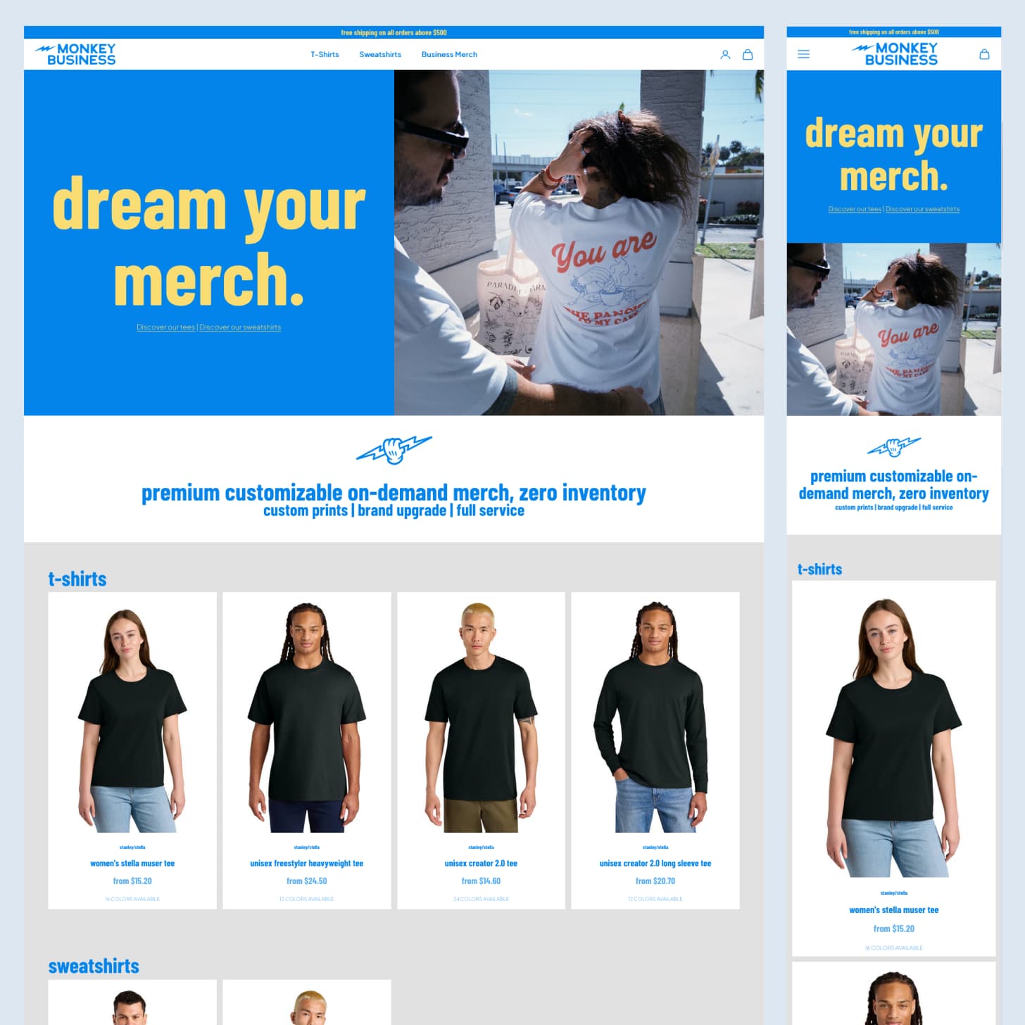 La page d'accueil de la boutique Shopify Monkey Business sur mobile et desktop