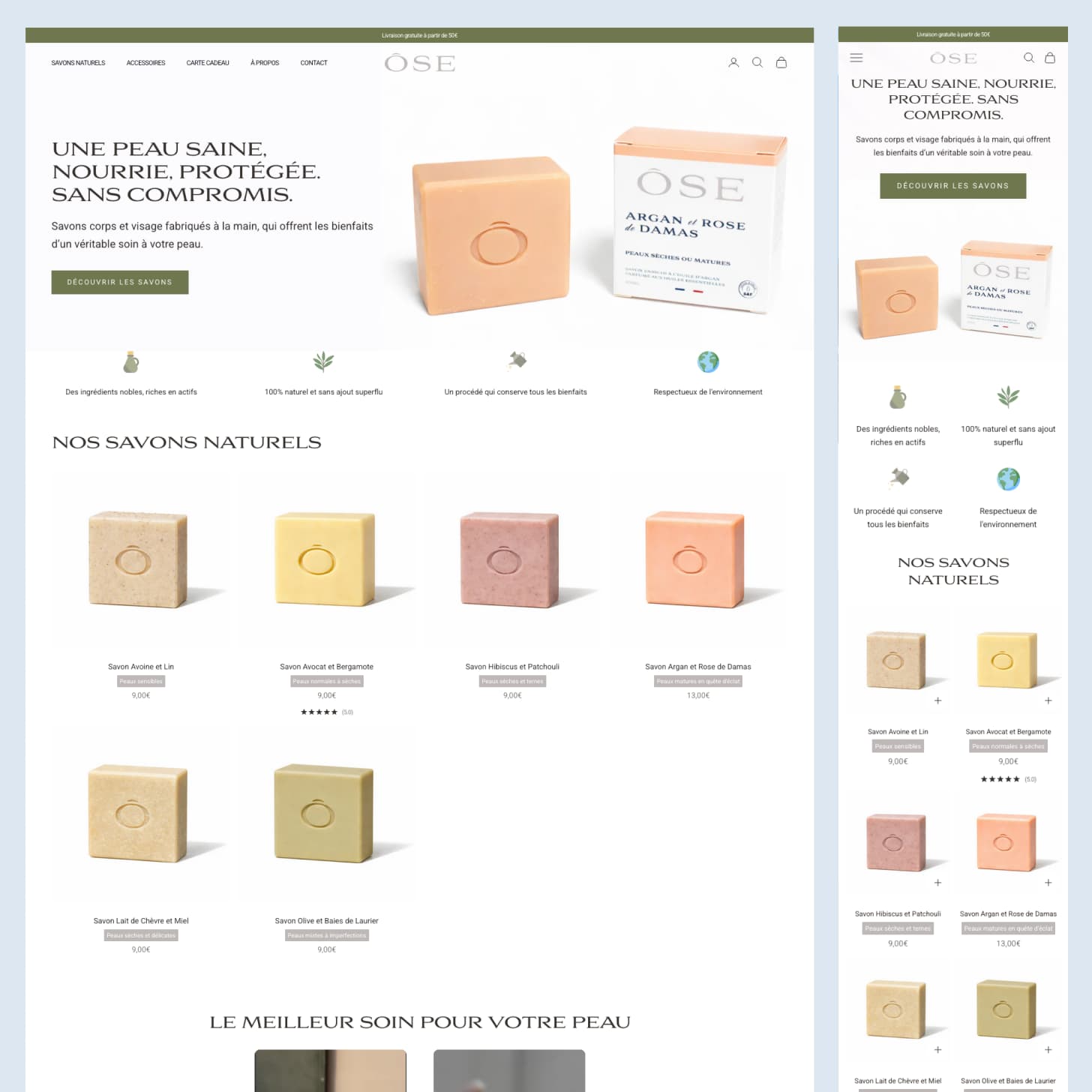 La page d'accueil de la boutique Shopify ÔSE sur mobile et desktop