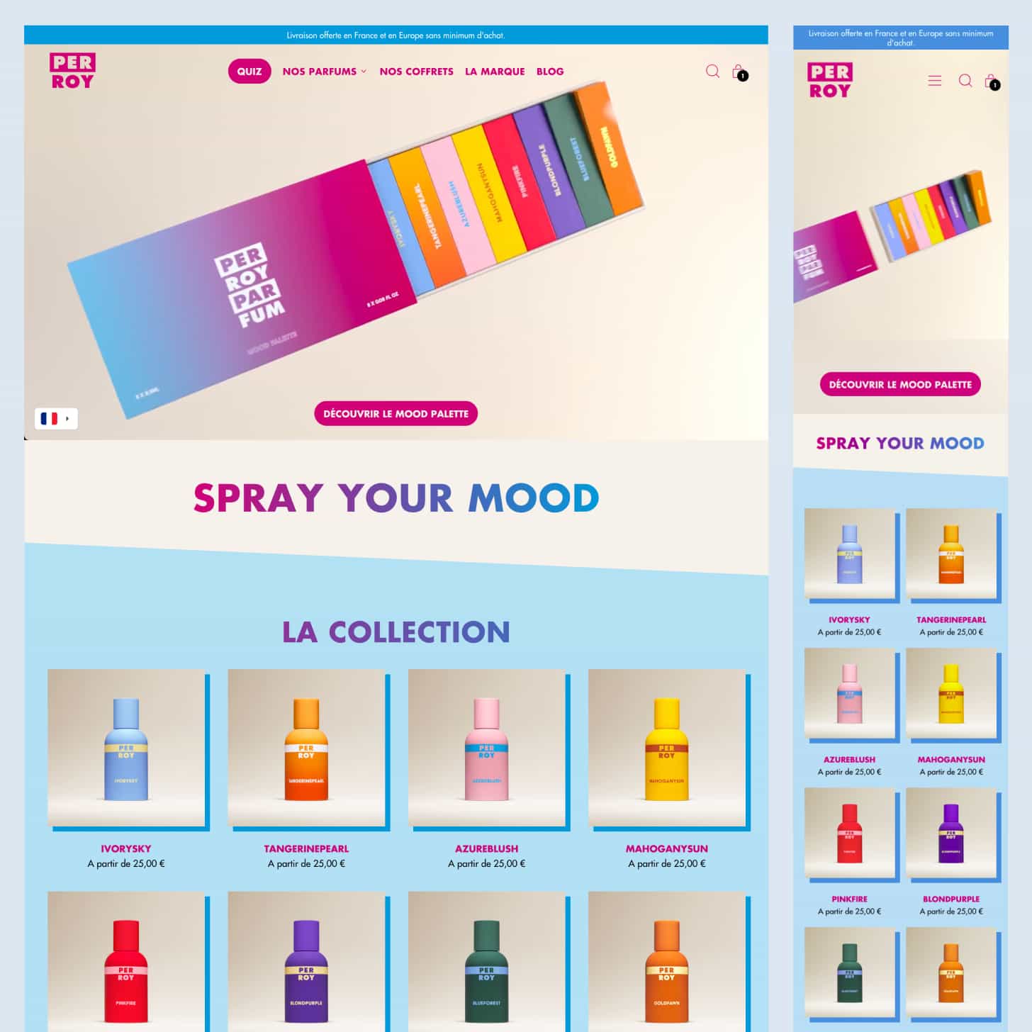 Site Shopify de Perroy Parfum : page d'accueil sur desktop et mobile de la boutique en ligne