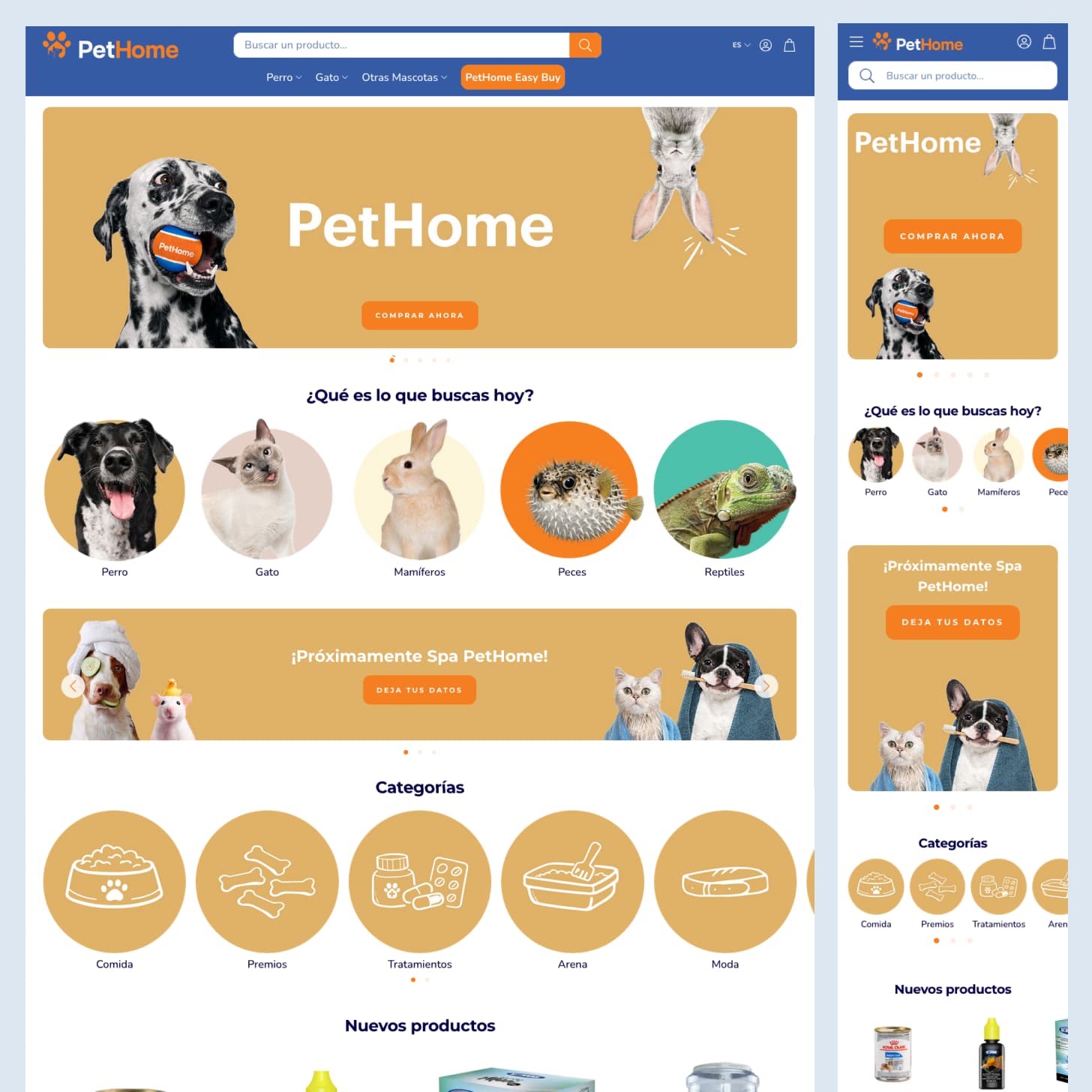 Page d'accueil desktop et mobile de la boutique Shopify PetHome