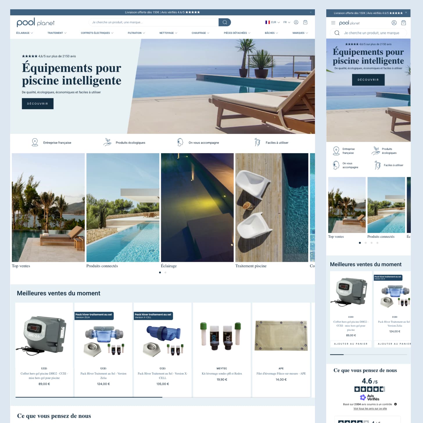 Maquettes mobile et desktop de la boutique Shopify Pool Planet