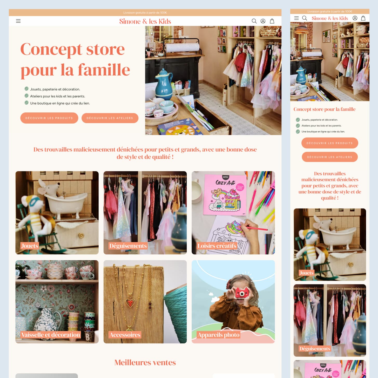 Maquettes mobile et desktop de la boutique Shopify Simone & les Kids