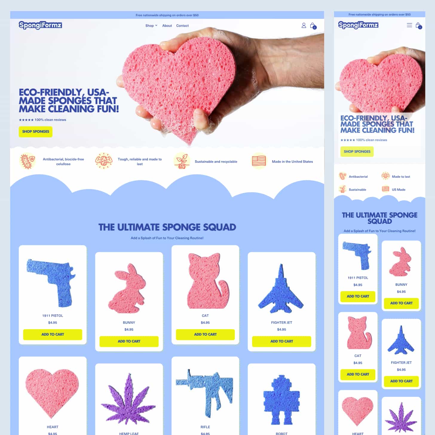 Page d'accueil desktop et mobile du site Spongiformz (USA)