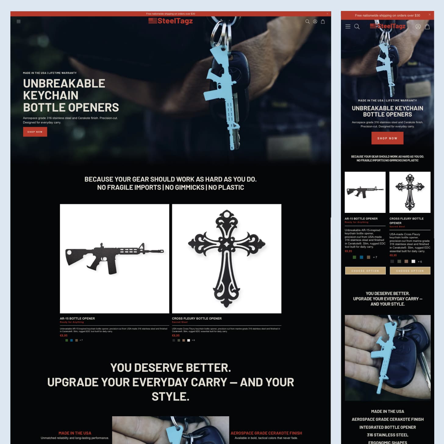 La page d'accueil de la boutique Shopify SteelTagz sur mobile et desktop