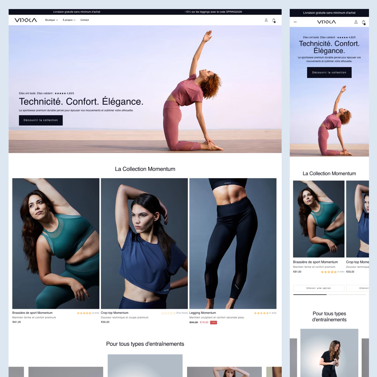 Page d'accueil desktop et mobile de la boutique Shopify VIXXA